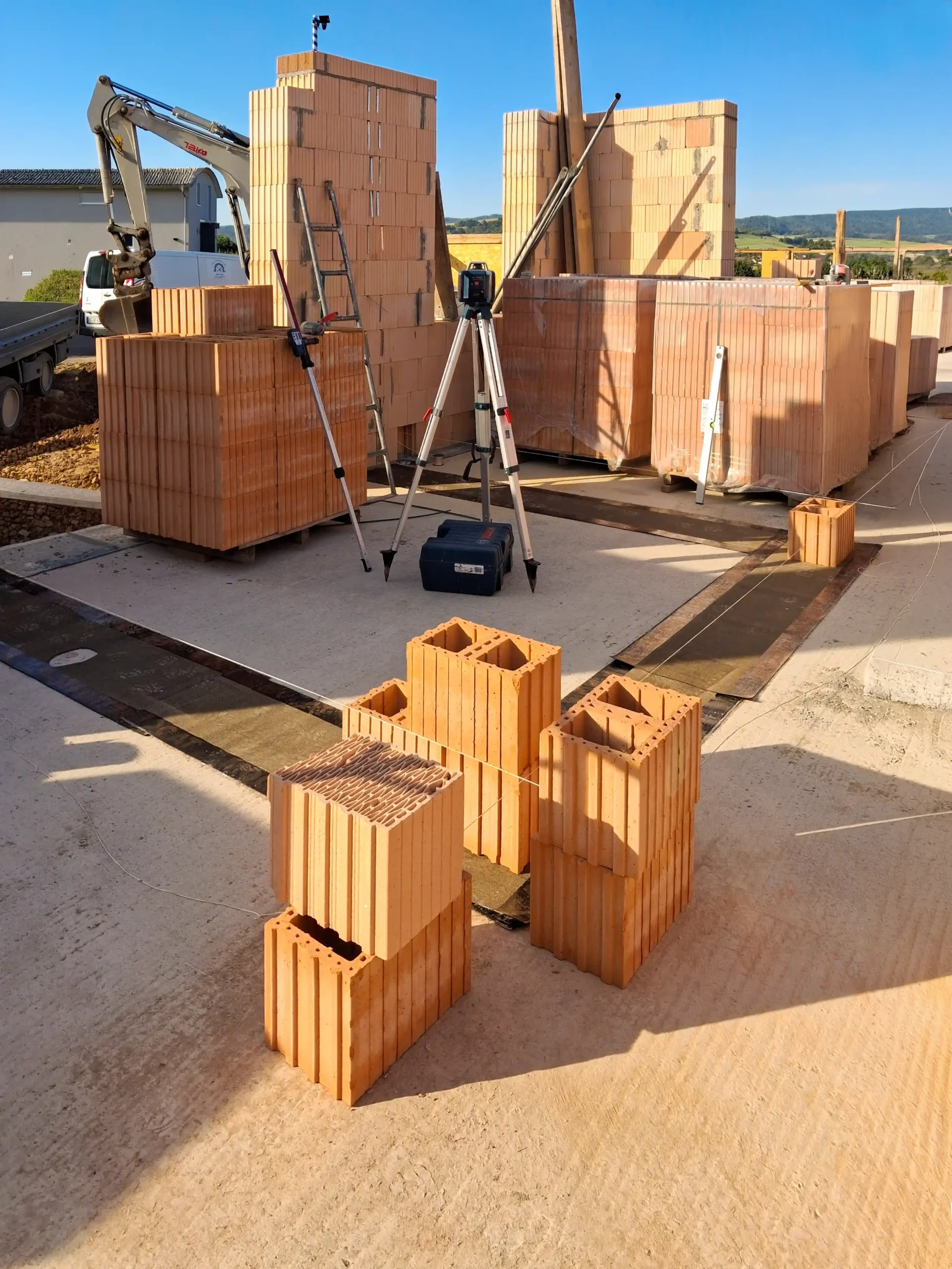 innenwände_anlegen_allheim-heinebach Anlegen von Innenwänden mit Planziegeln und Laser-Messtechnik auf einer Baustelle in Alheim-Heinebach – durch André Franz Bau